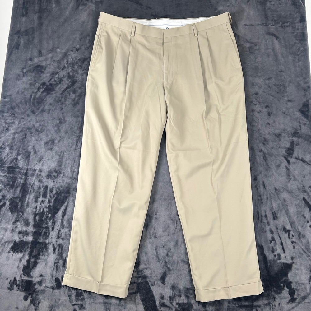 Haggar Dress Pants Mens 42x29 Tan Mynx Gabardine Pleated Classic Fit Cuffed NEW